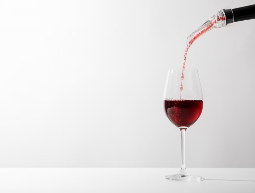 pouring the wine from the bottle into the glass, white table and wall