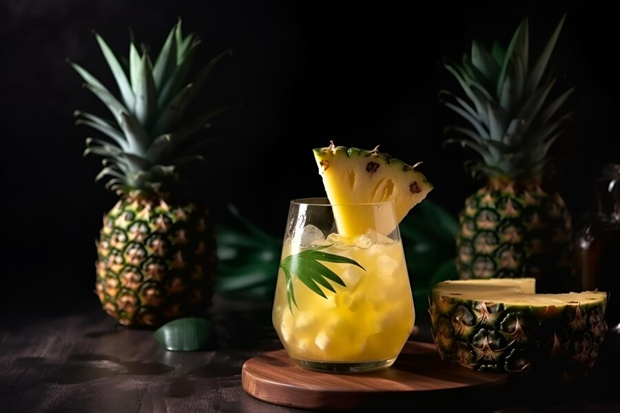 Glass of pineapple cocktail with fresh pineapple fruits beside