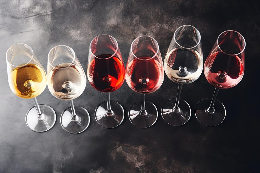 Varieties of wine in various wine glasses