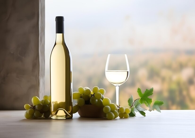 Wine bottle and glass next to green grapes