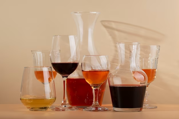 Wine glasses and a pitcher on a table with various styles