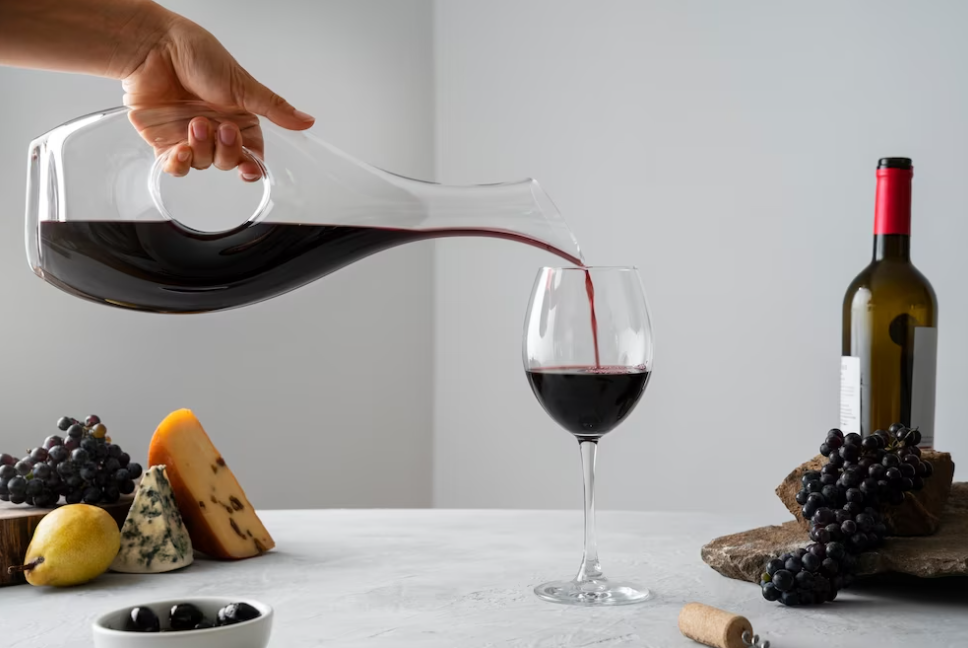 hand pouring wine in a glass, a bottle, grape, cheese, and bowl with olives on the table