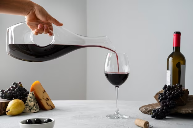 Hand pours wine from a decanter into a glass