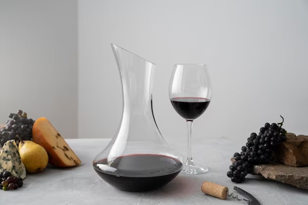 Wine decanter and glass on table with fruit